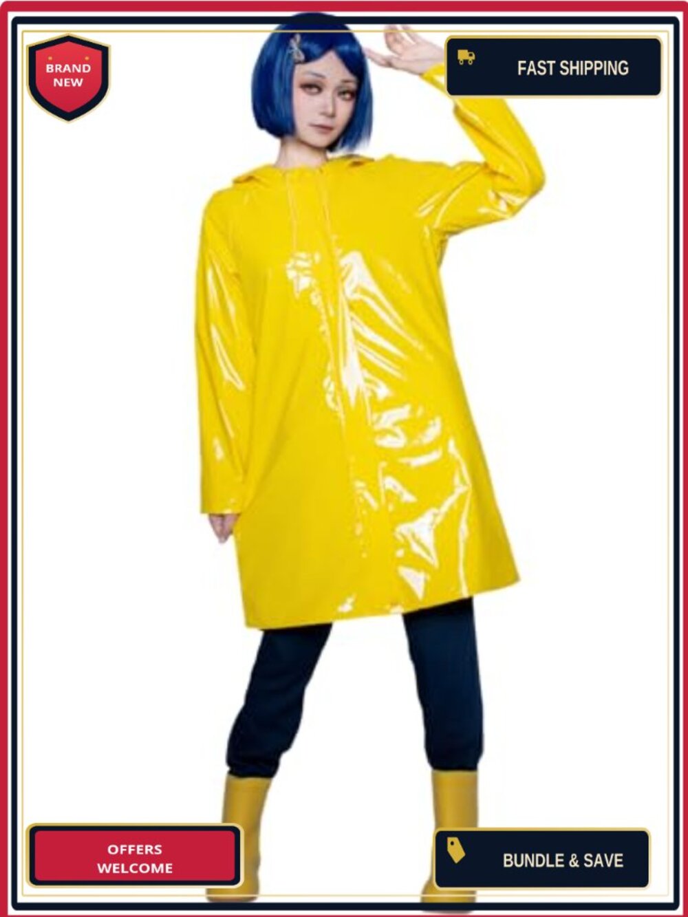 Waterproof PU Faux Leather Long Sleeve Yellow Rain Coat Cosplay